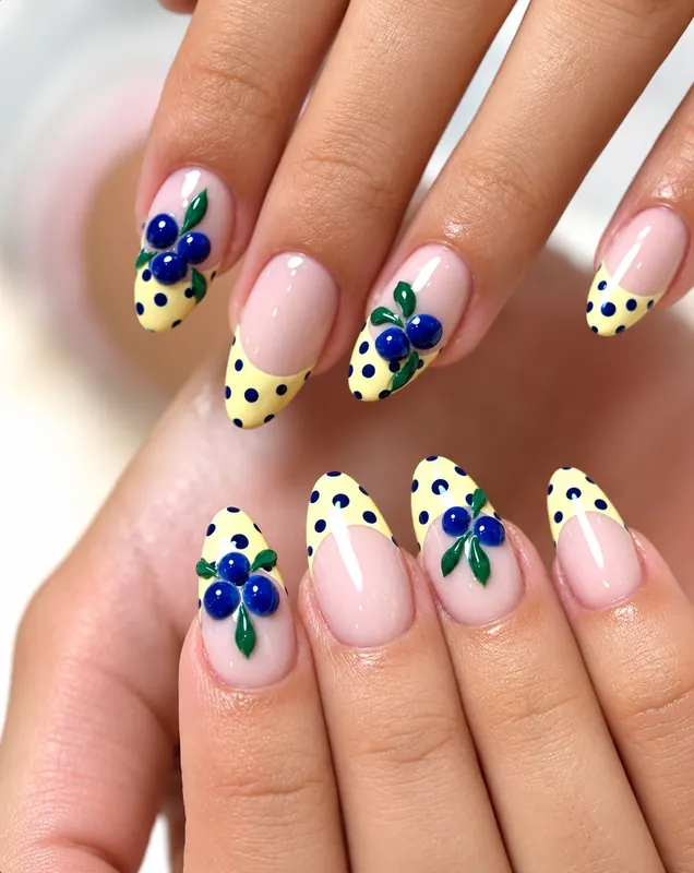 Gelbe French Tips mit Punkten und Blaubeeren