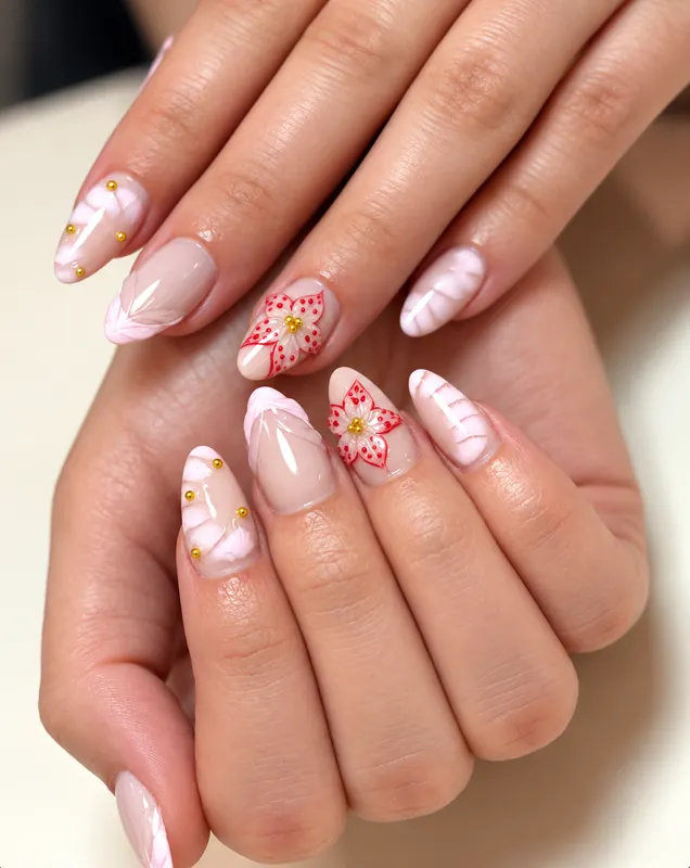 Rosé Nägel mit roten Blüten, Marmor und Goldperlen