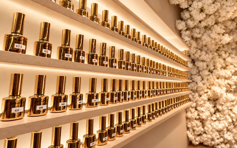 Goldene Nagellackflaschen im Regal neben einer Wand aus weißen Blüten